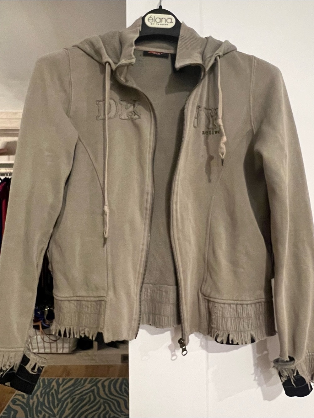 DKNY Active Distressed Taupe Hooded Zip Jacket l Small